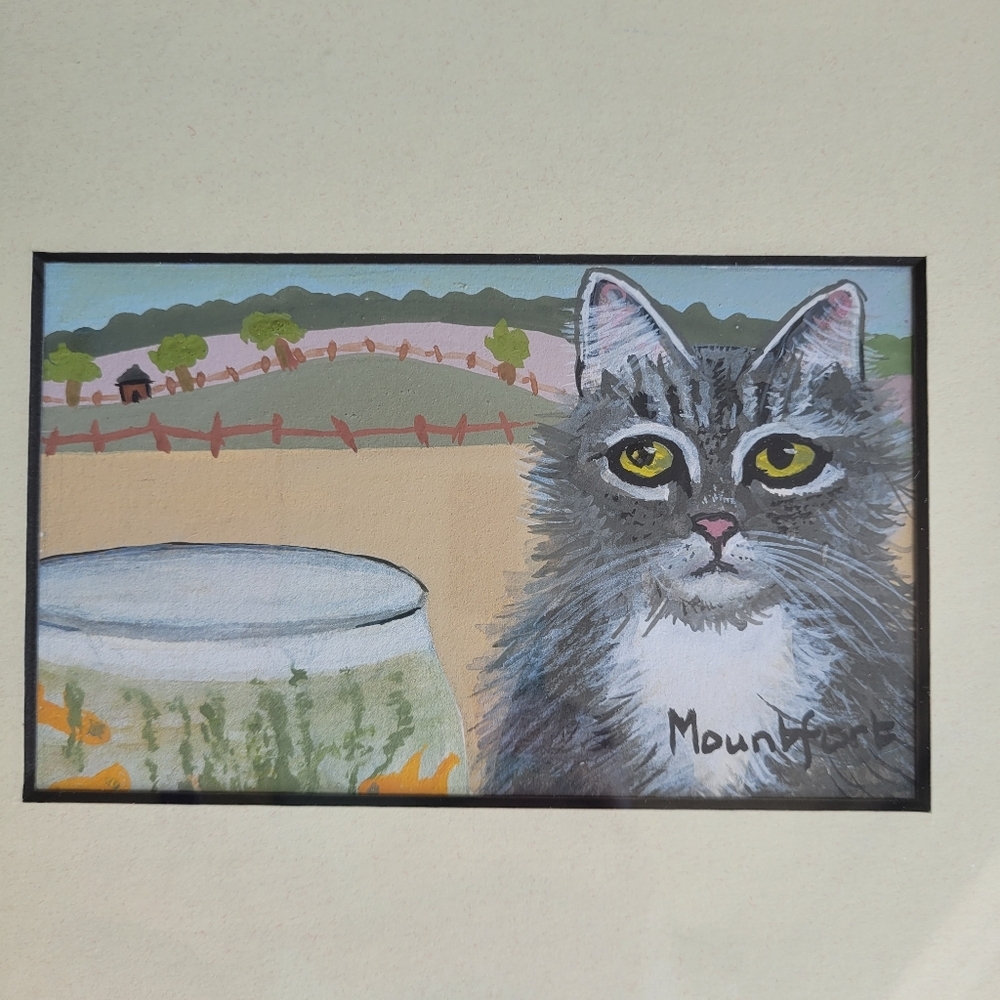 Original Art Painting "Grey Persian With Gold Fish" Signed Mountfort Vintage 9x7